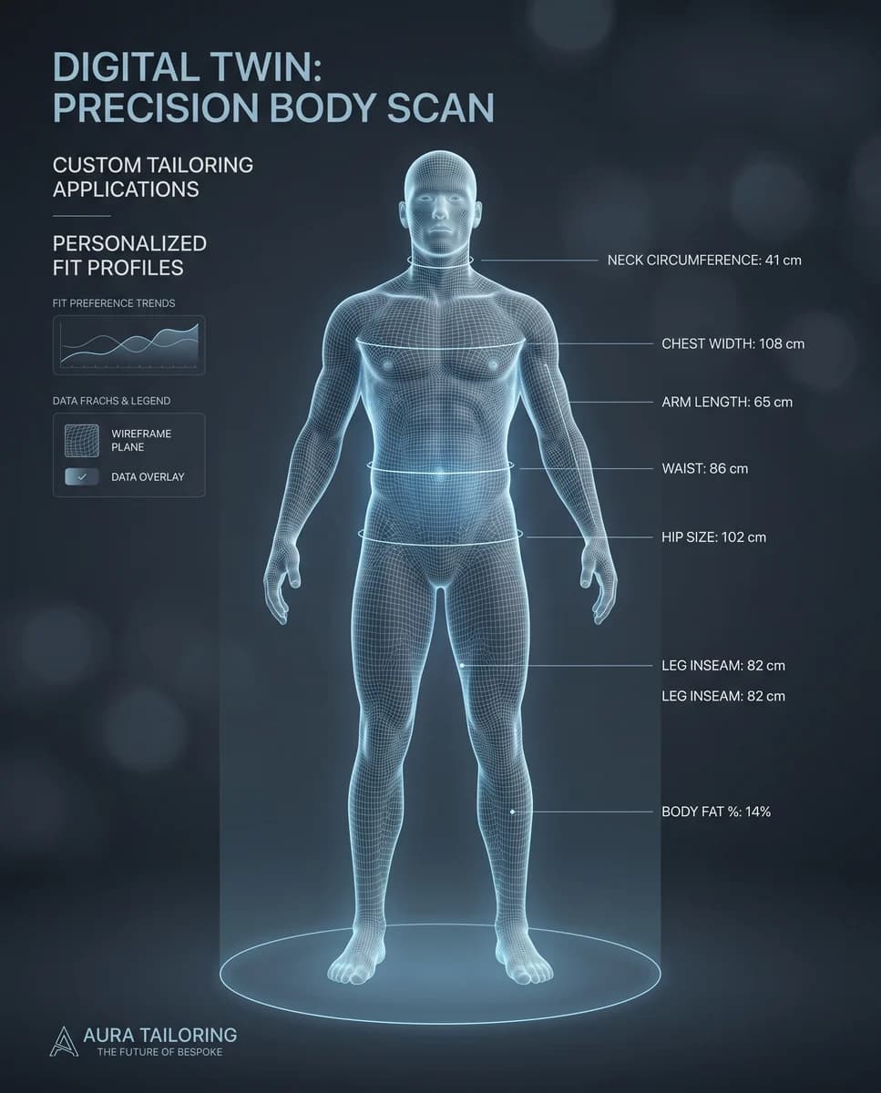 A 3D male body avatar with measurement lines