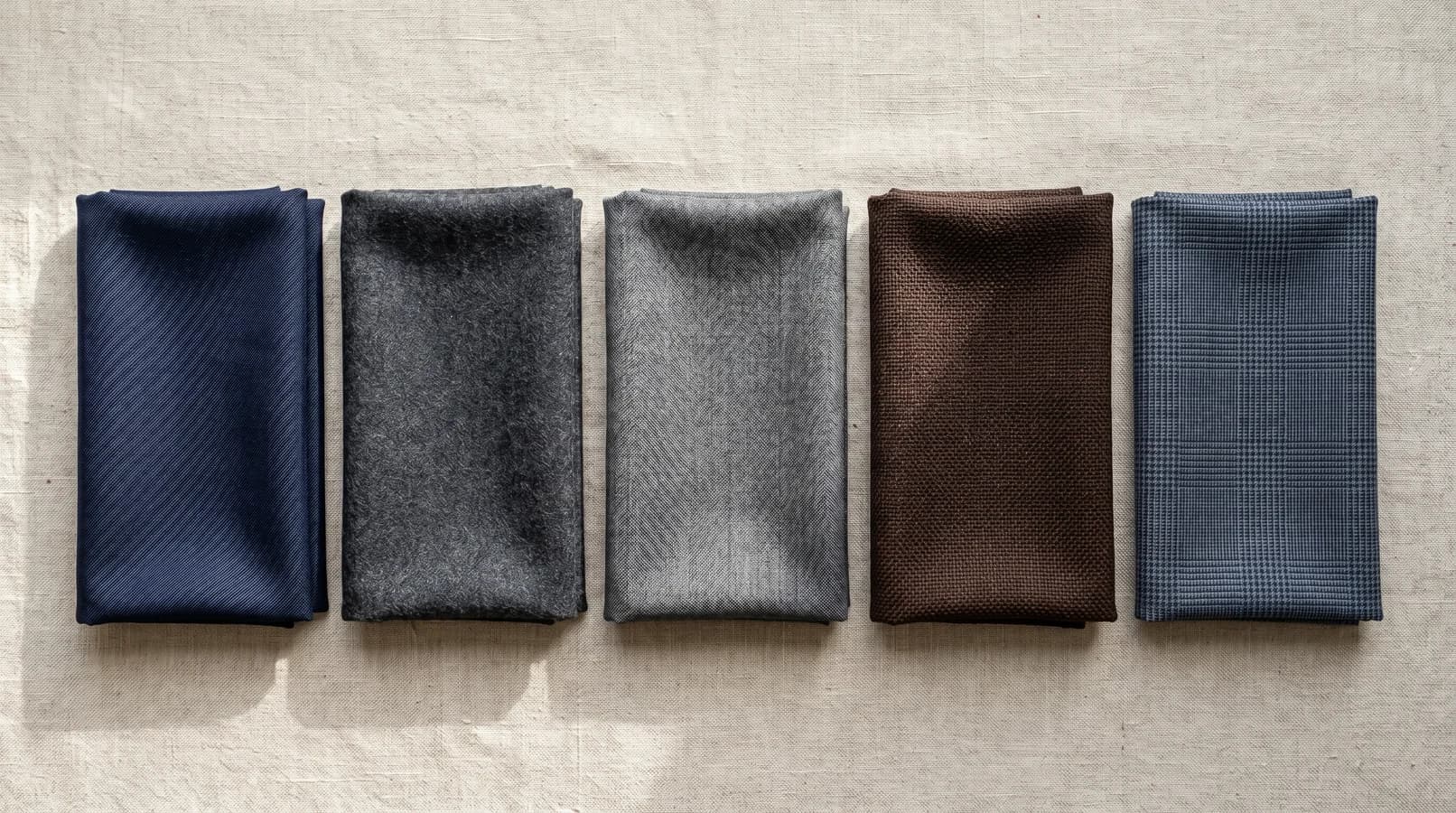 Premium suiting fabric swatches in several tones