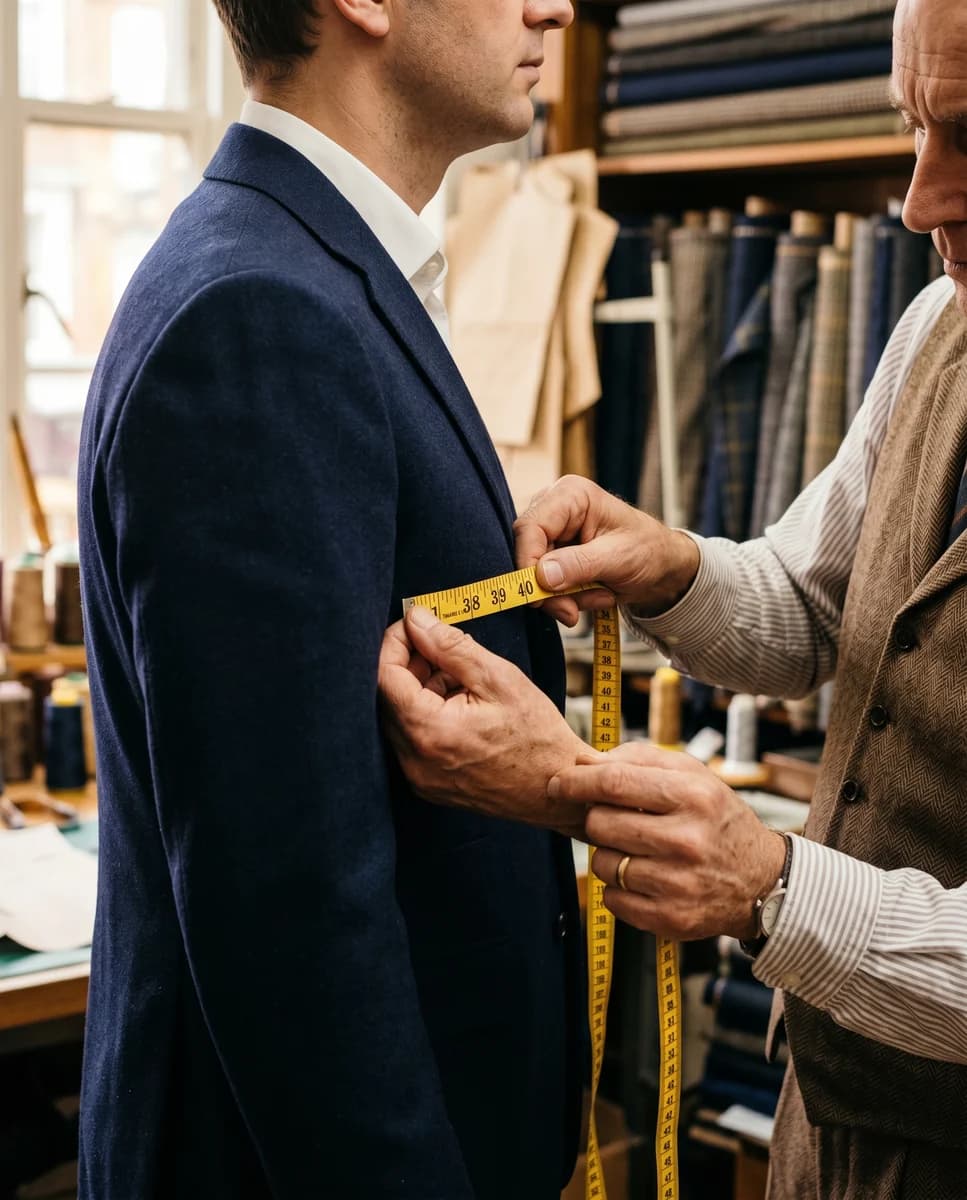 A master tailor measuring a navy suit