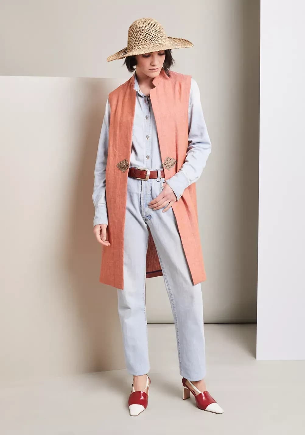 OTTAVIA LONG PINK SALMON LINEN VEST