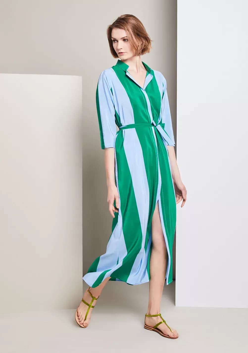 LEANDRA DRESS IN STRIPED GREEN AND LIGHT BLUE SILK