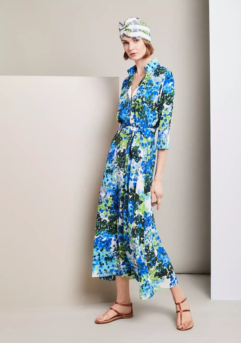 LEANDRA DRESS IN PRINTED BLUE AND GREEN SILK